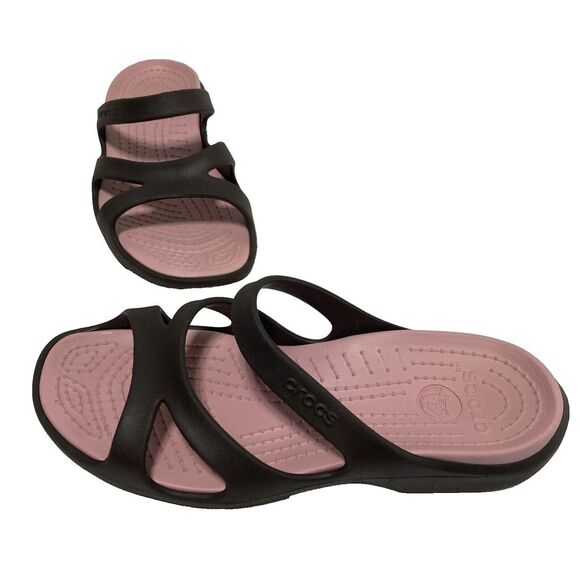 Crocs Meleen Brown Strappy Sandals Size 10‎ Women's Pink Insole Slip On Flats - Picture 1 of 12